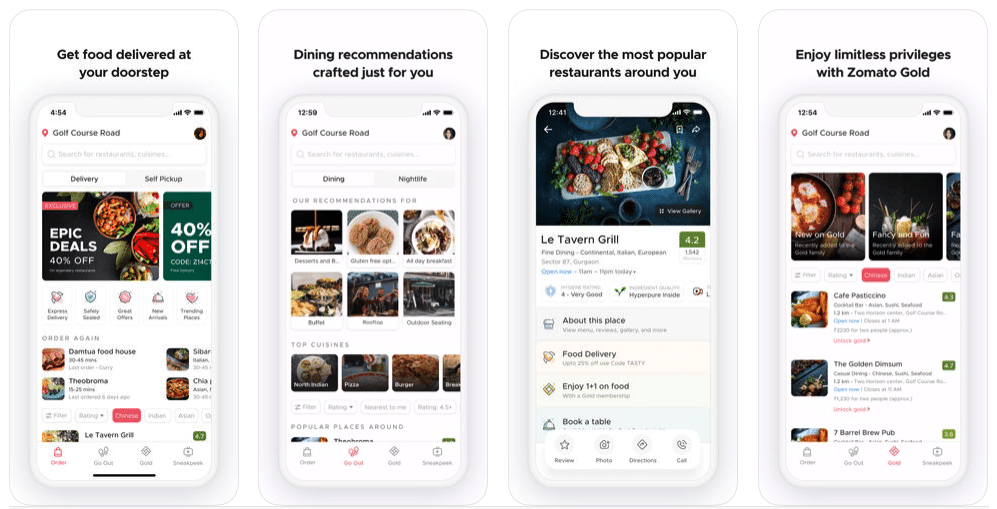 Captura de pantalla que muestra la aplicación móvil de Zomato y sus funciones.